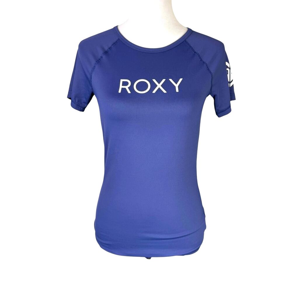 ROXY Youth Girls Blue UPF 50 Short Sleeve Logo Swimsuit Surf Top Rashguard